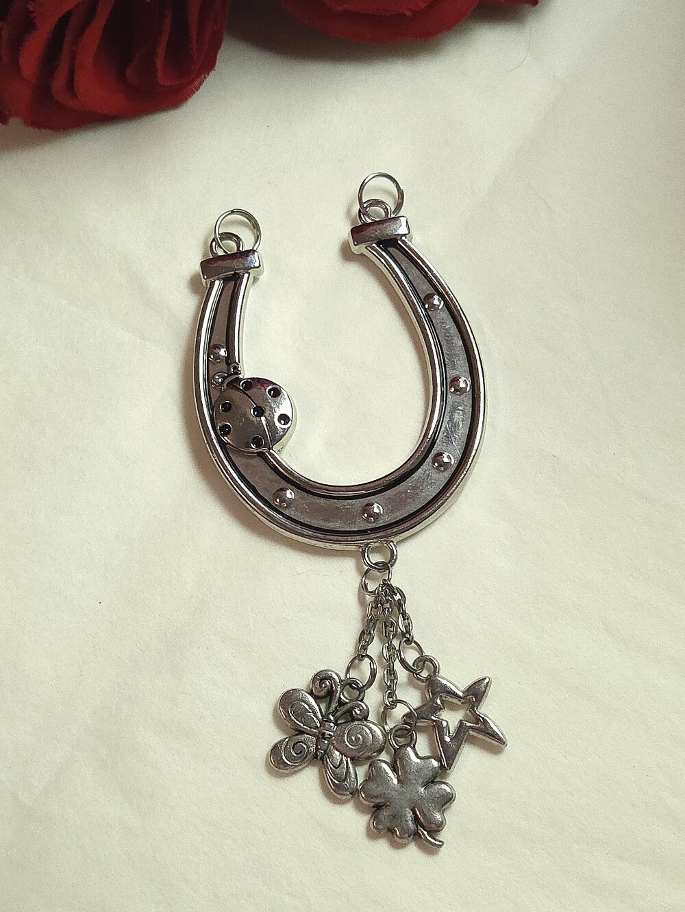Silver Lady Bug Lucky Horse Shoe & Butterfly Star 4 Leaf Clover Pendant Charms